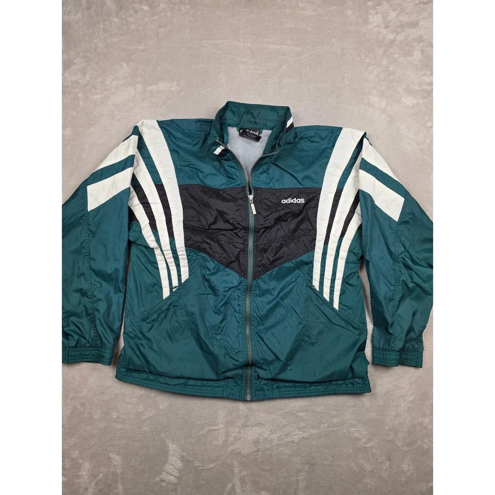 Vintage Adidas Windbreaker Jacket Mens M Green Colorblock Full Zip 90s *Read